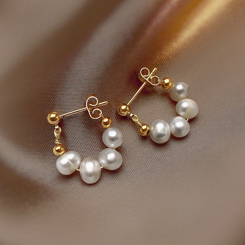 18K Yellow Gold Filled Freshwater Pearl White Fascinating U Huggie Hoop Earrings