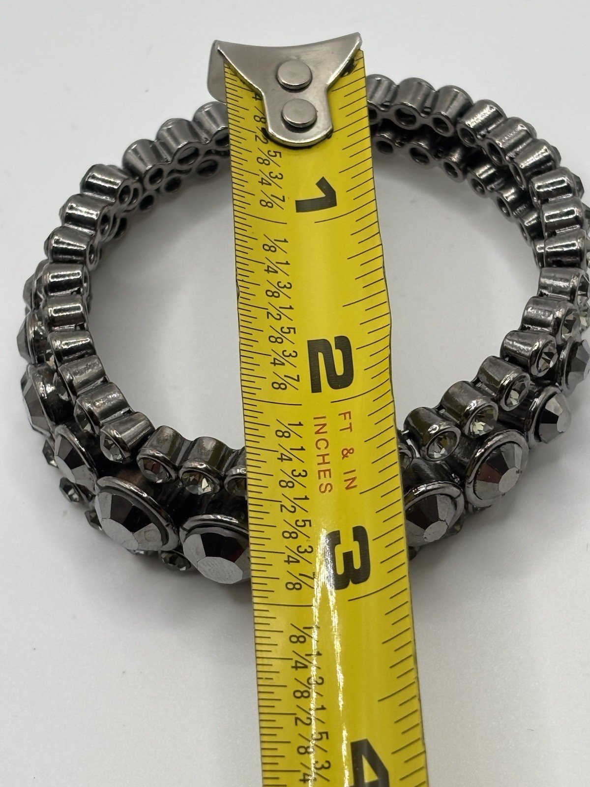 Silver Tone Wrap Coil Bangle Bracelet Gray Round Crystal Bezel Set 7.5in