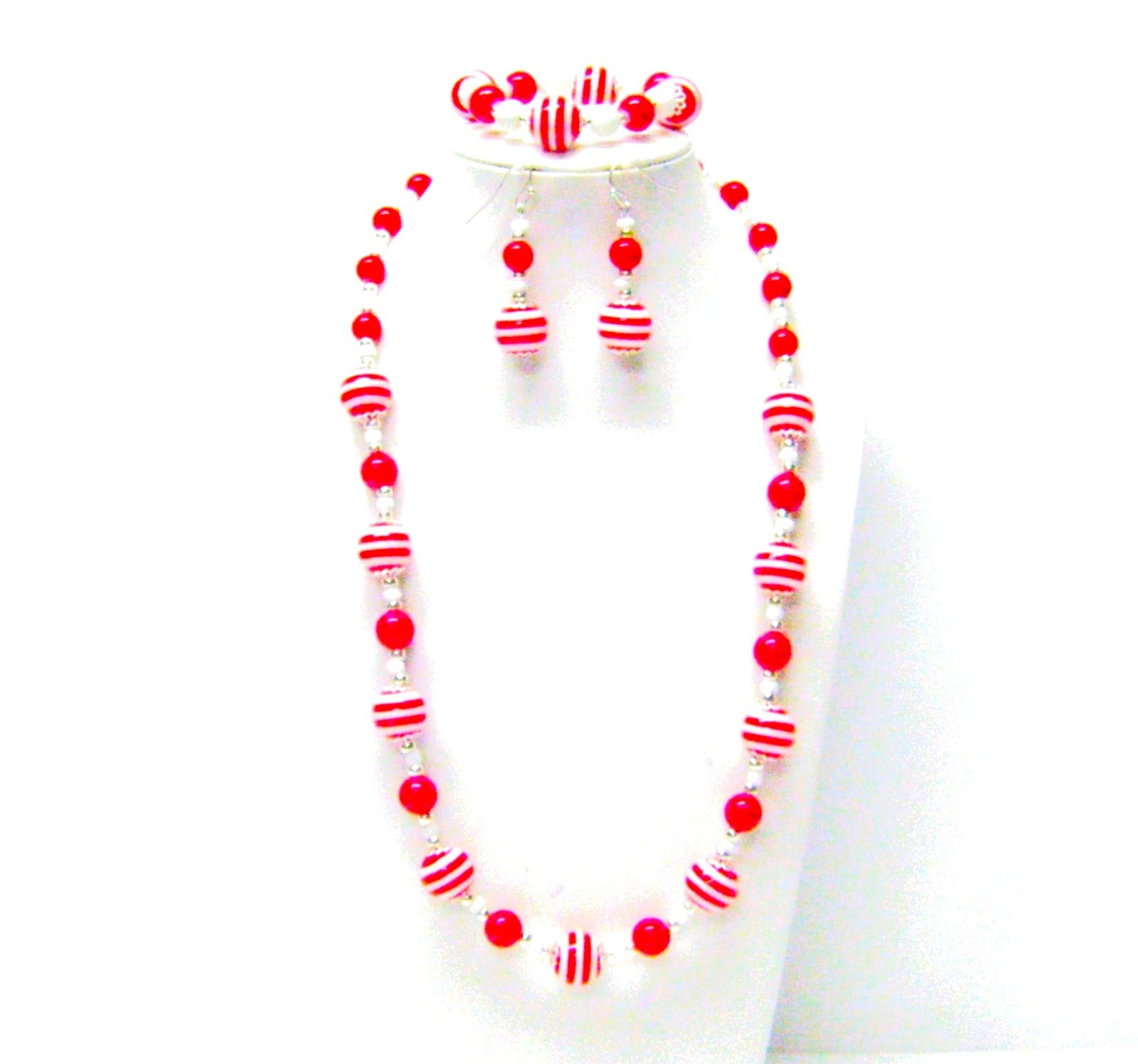 Red/White Stripe Acrylic/White Glass Bead w/Silver Accent Necklace/Bracelet/Earr
