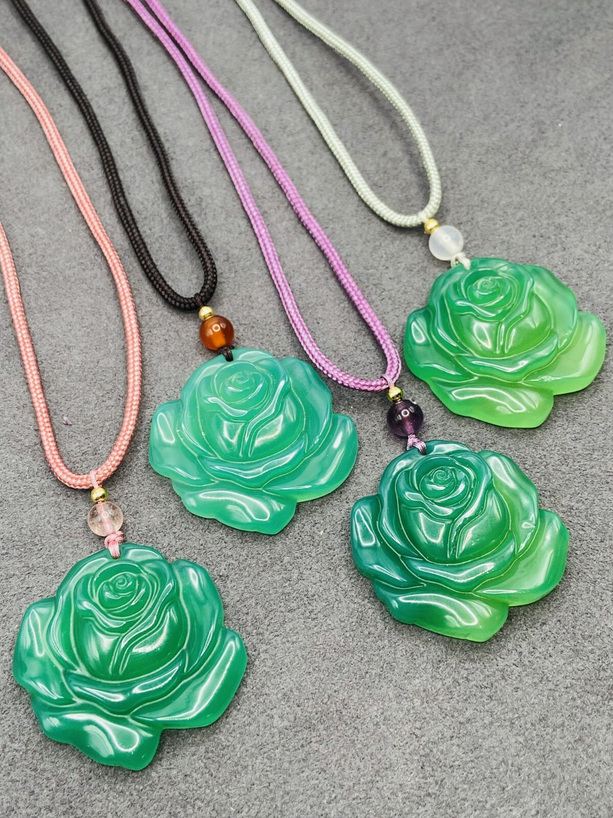 Jade Rose Floral Charm Pendant Necklace W/ Adjustable Cord Handmade Carved Gem