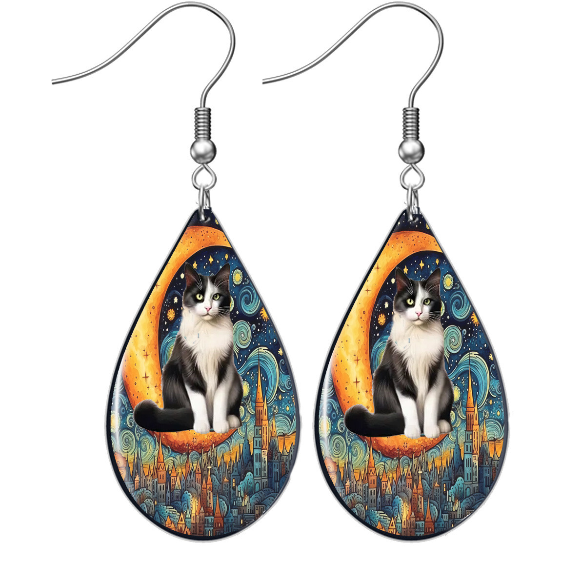 Tuxedo Cat Crescent Moon Earrings Starry Night Teardrop Sterling Cat Lover Gift
