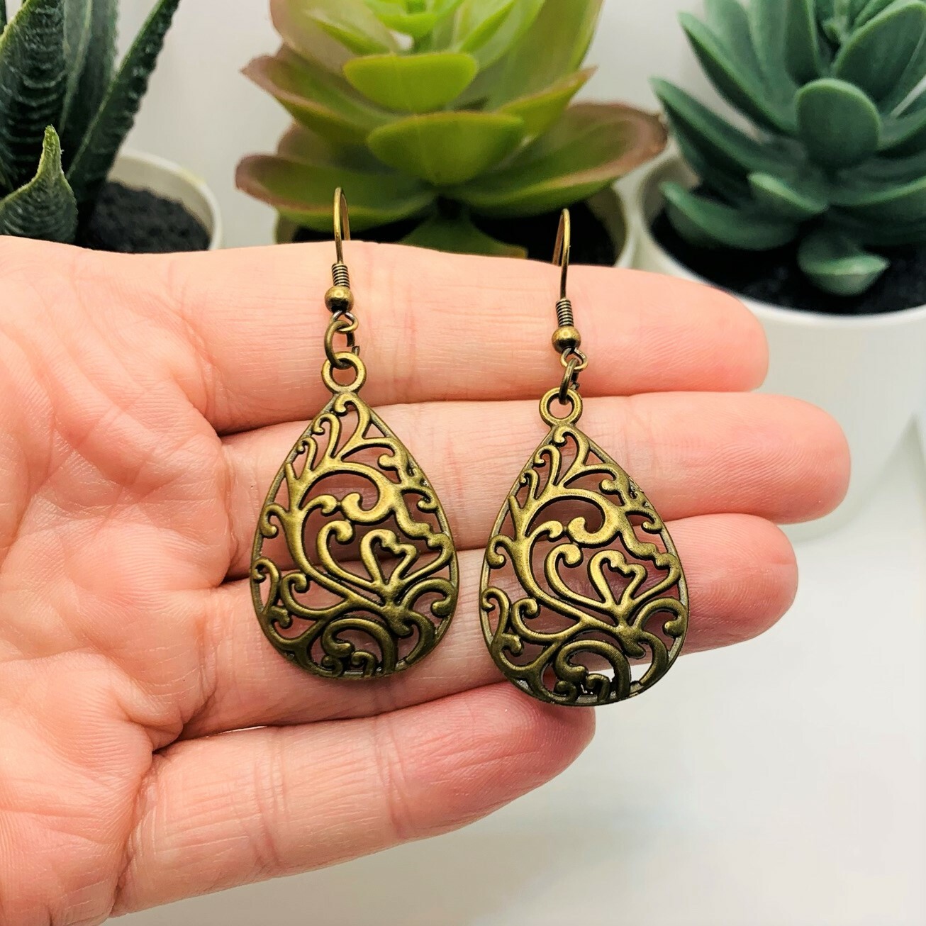 Bronze Filigree Teardrop Light weight Earrings, Handmade – US Seller