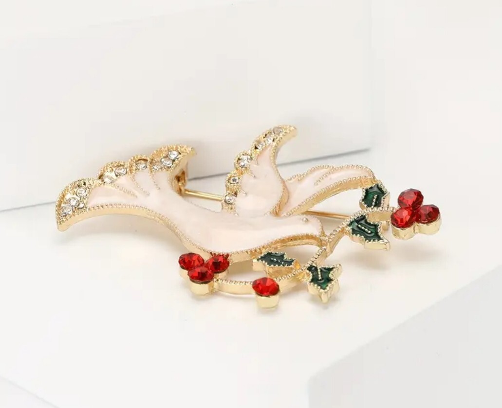WHITE DOVE OF PEACE SIGN~EASTER ANGEL~ENAMEL & RHINESTONE PIN BROOCH~VINTAGE-D