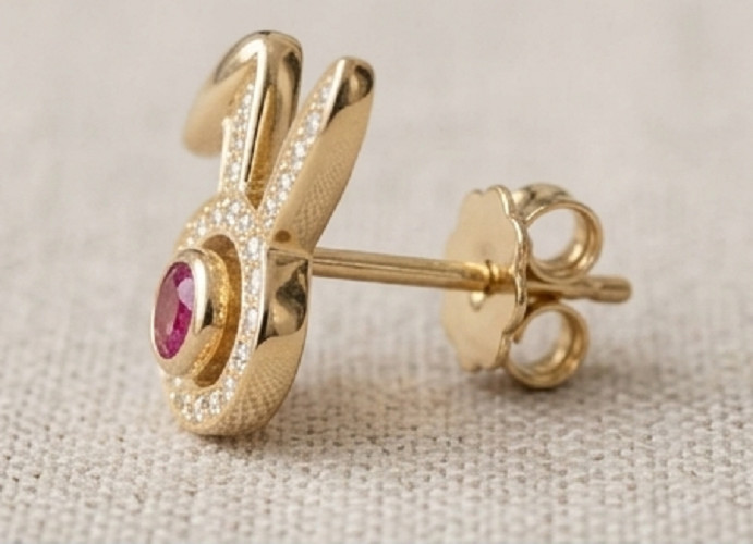 2ct Round simulated Ruby/Diamond Bunny Face Stud Earrings 14k Yellow Gold Plated