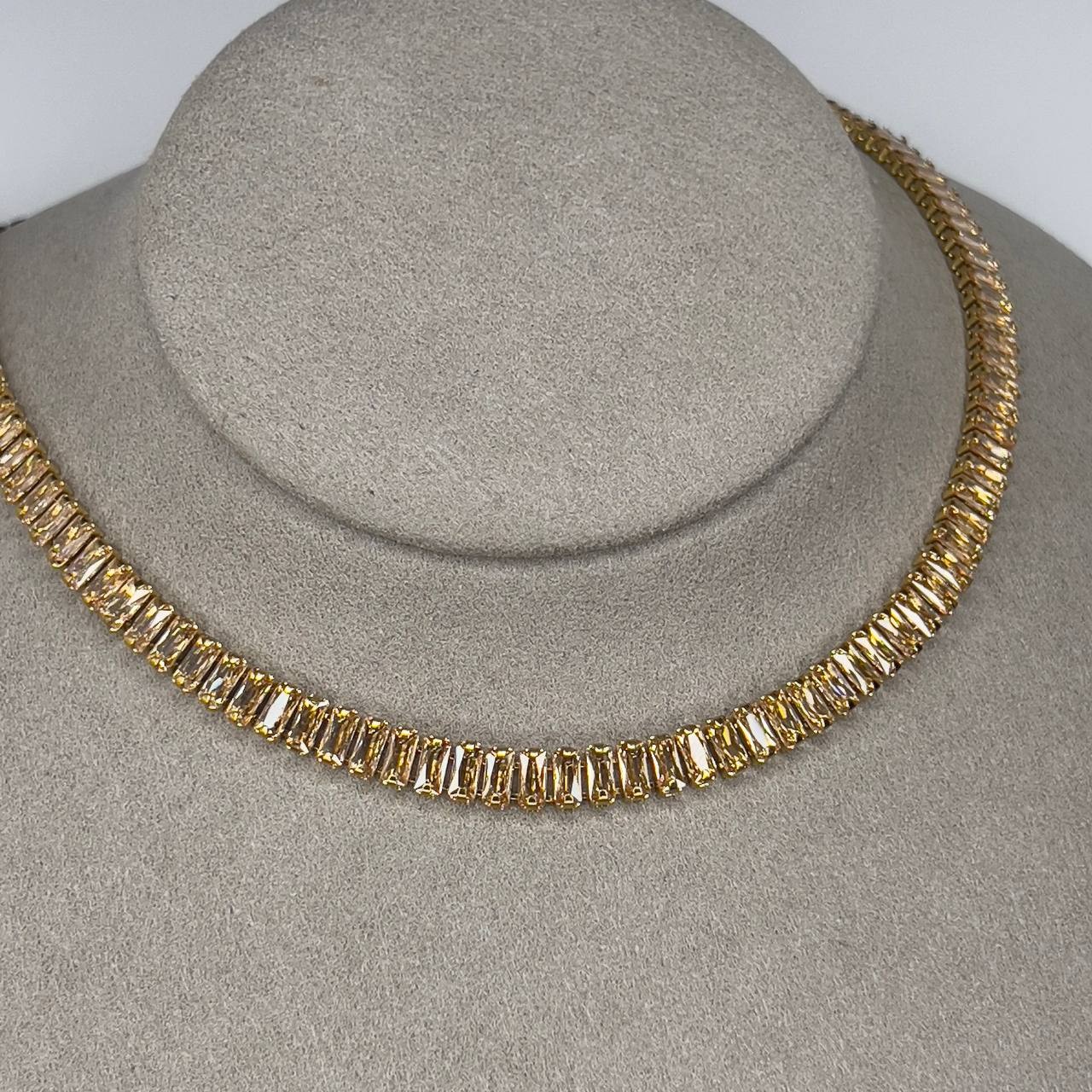 Gold Baguette Tennis Necklace Champagne Crystal Stainless Steel Choker Necklace