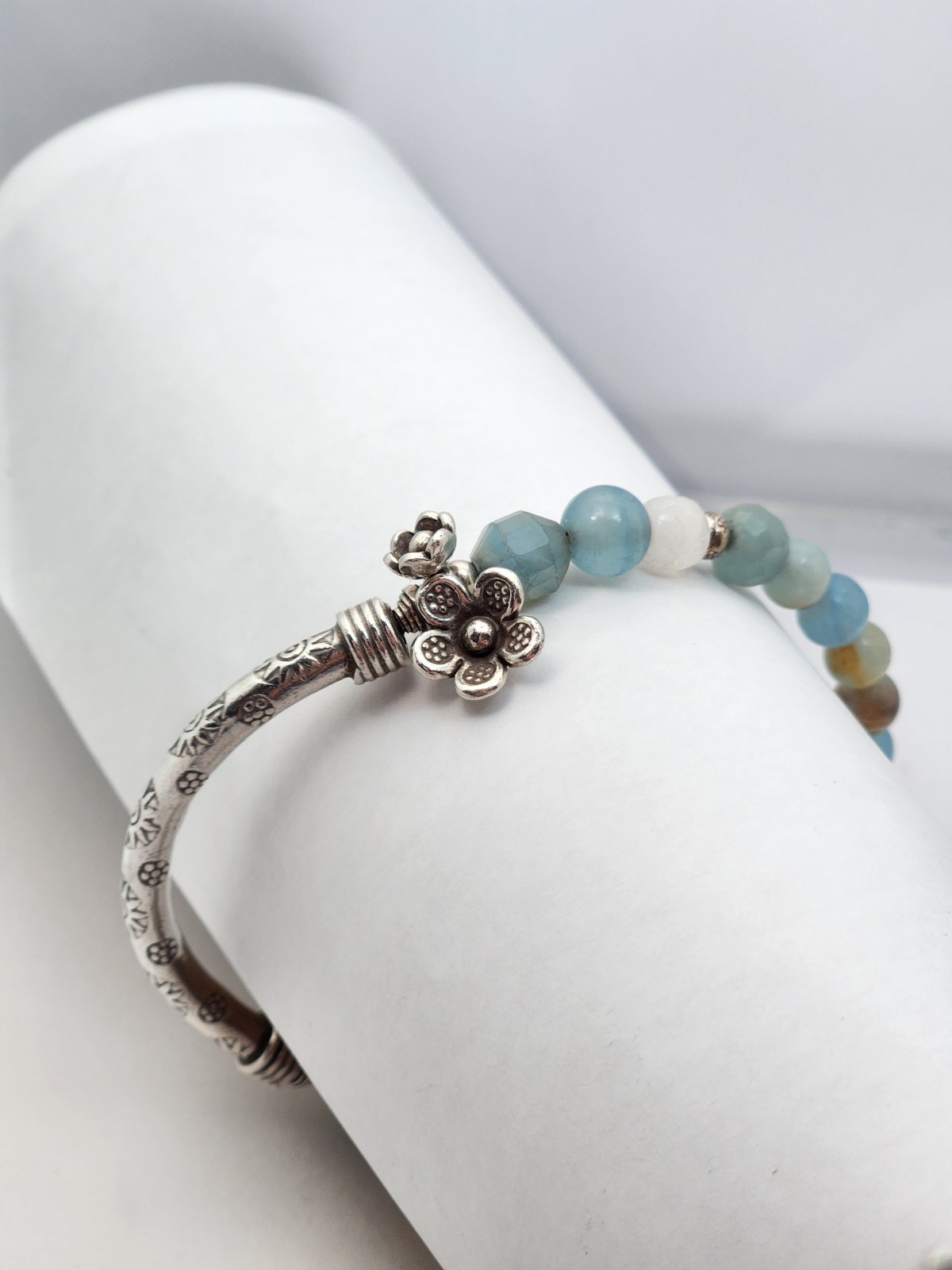 Sterling Silver Bar Stone Bead Bracelet Blue Brown Bangle Stretch Flower Sun 925