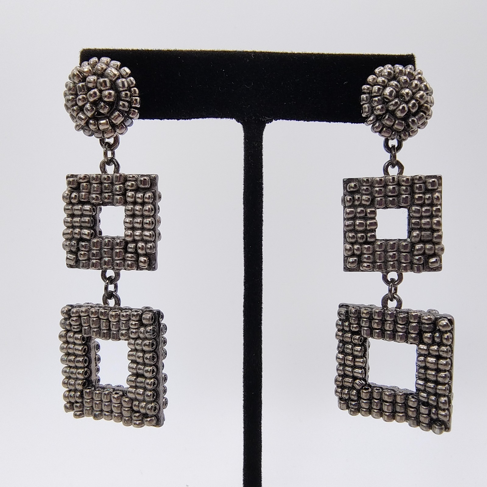 Geometric Maximalist Dangle Statement Earrings Gunmetal Beaded Industrial Chic