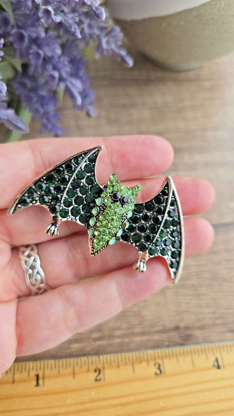 Bat Brooch Green Crystal Rhinestone Silver Tone Halloween Bat Pin