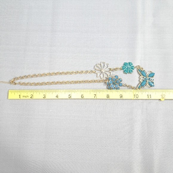 Women’s Necklace Gold Tone Turquoise Butterfly & Flower Designs 11.5 in + 3 in