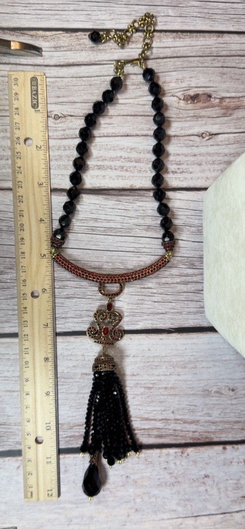 Heidi Daus “Black And Red Vibtage Tassle Necklace” Signed