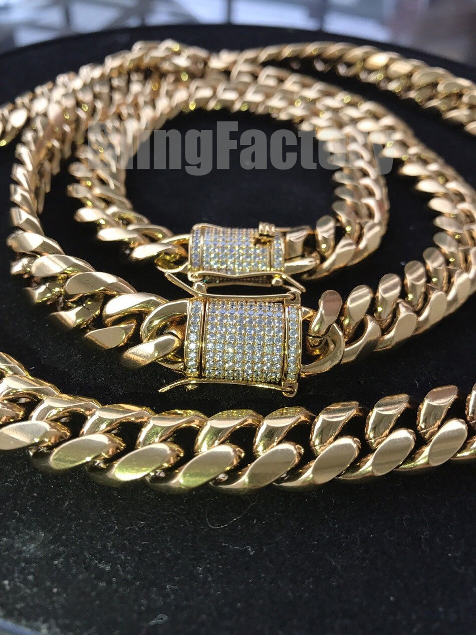Hip Hop Iced Box Lock Stainless Steel 10mm 12mm Miami Cuban Link Chain Necklace