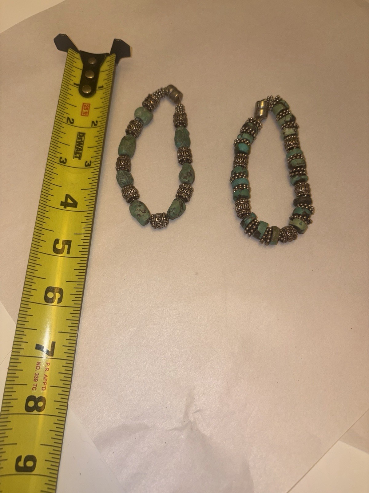 Turquoise Stone Bracelet Set of 2 Silver Tone Beaded Magnetic Clasp Boho