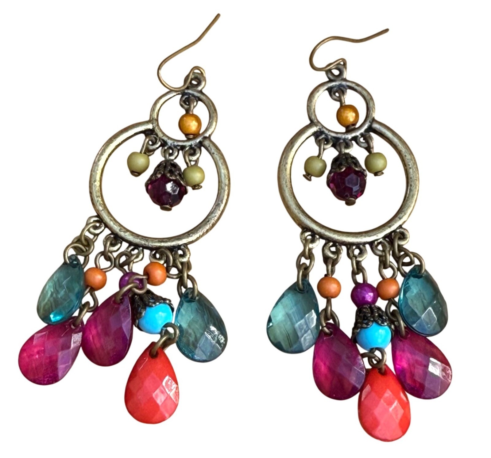 Multicolor Teardrop Beaded Dangle Drop Earrings Gold Tone Bohemian