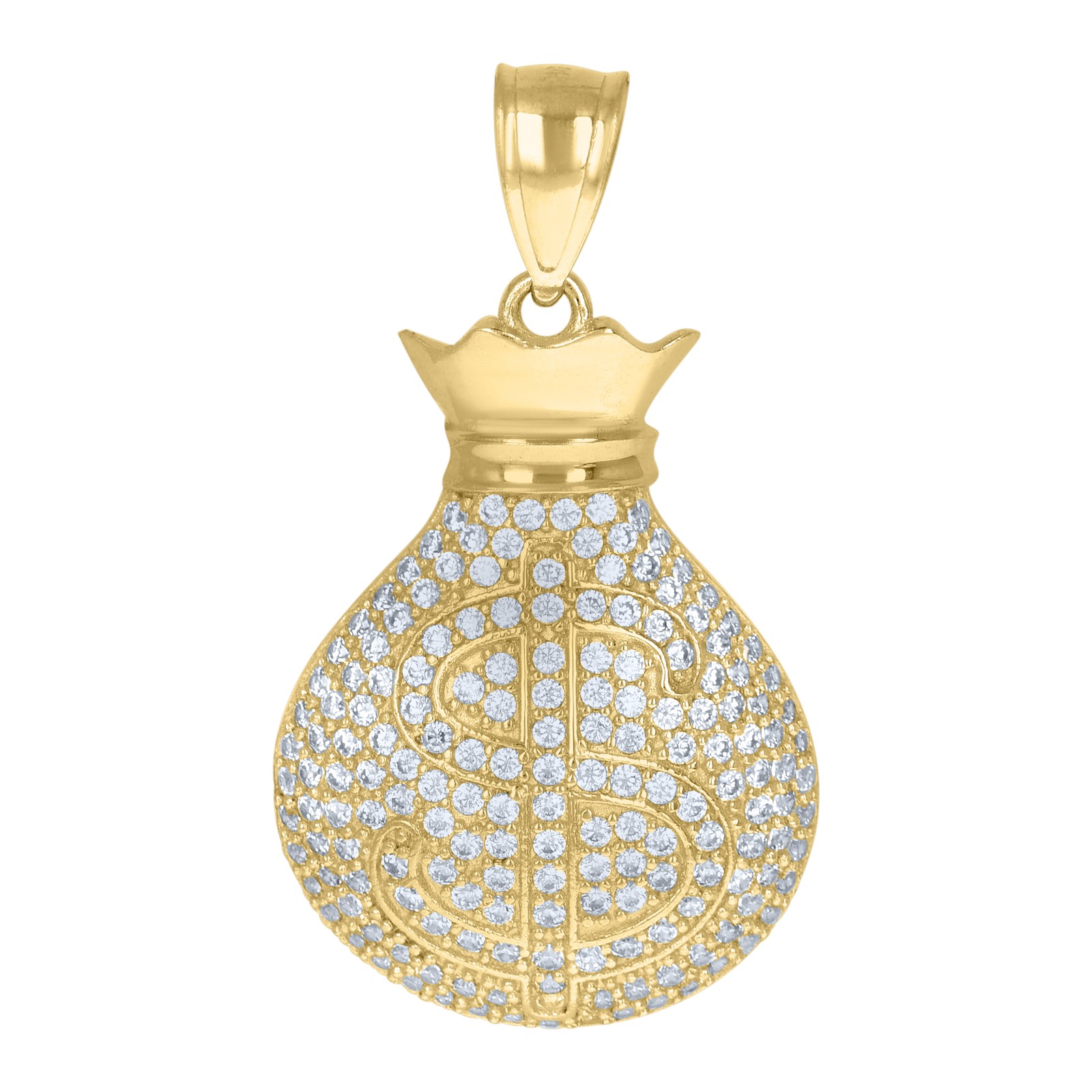 10K Yellow Gold Round CZ 1.35″ Iced Out Charm Fat Dollar Sign Money Bag Pendant