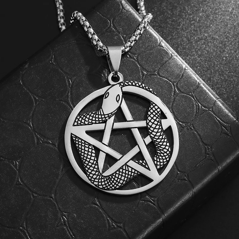 Serpent Pentacle Necklace Stainless Steel Pagan Gothic Pendant 23.5in Chain