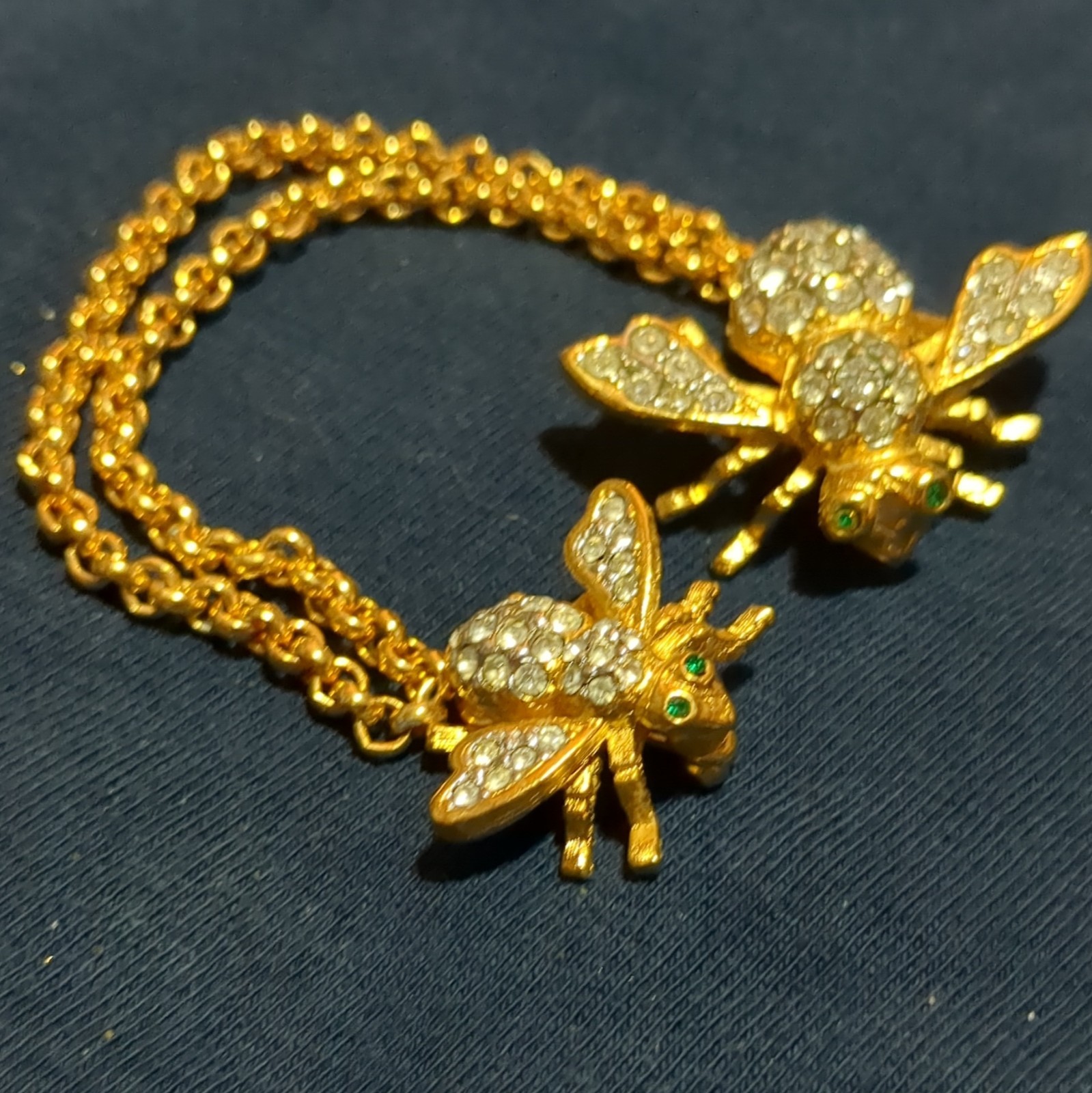 Gold Tone Curb Chain Necklace Bee Charm Pendant Clear Cubic Zirconia