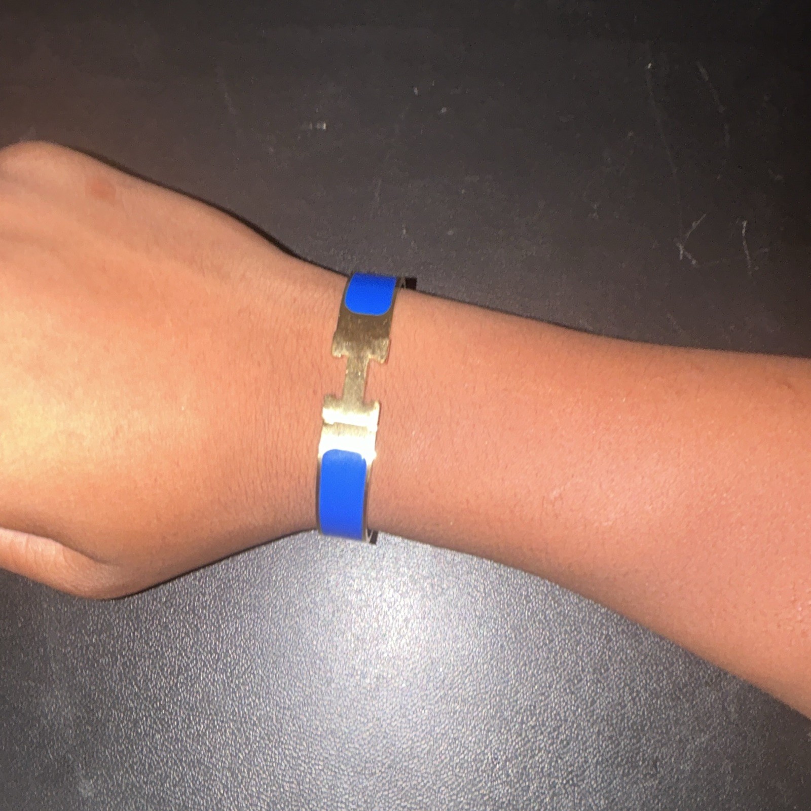 Hermès Gold Tone Blue Enamel Oval Hinged Bangle Cuff Bracelet, No Stone