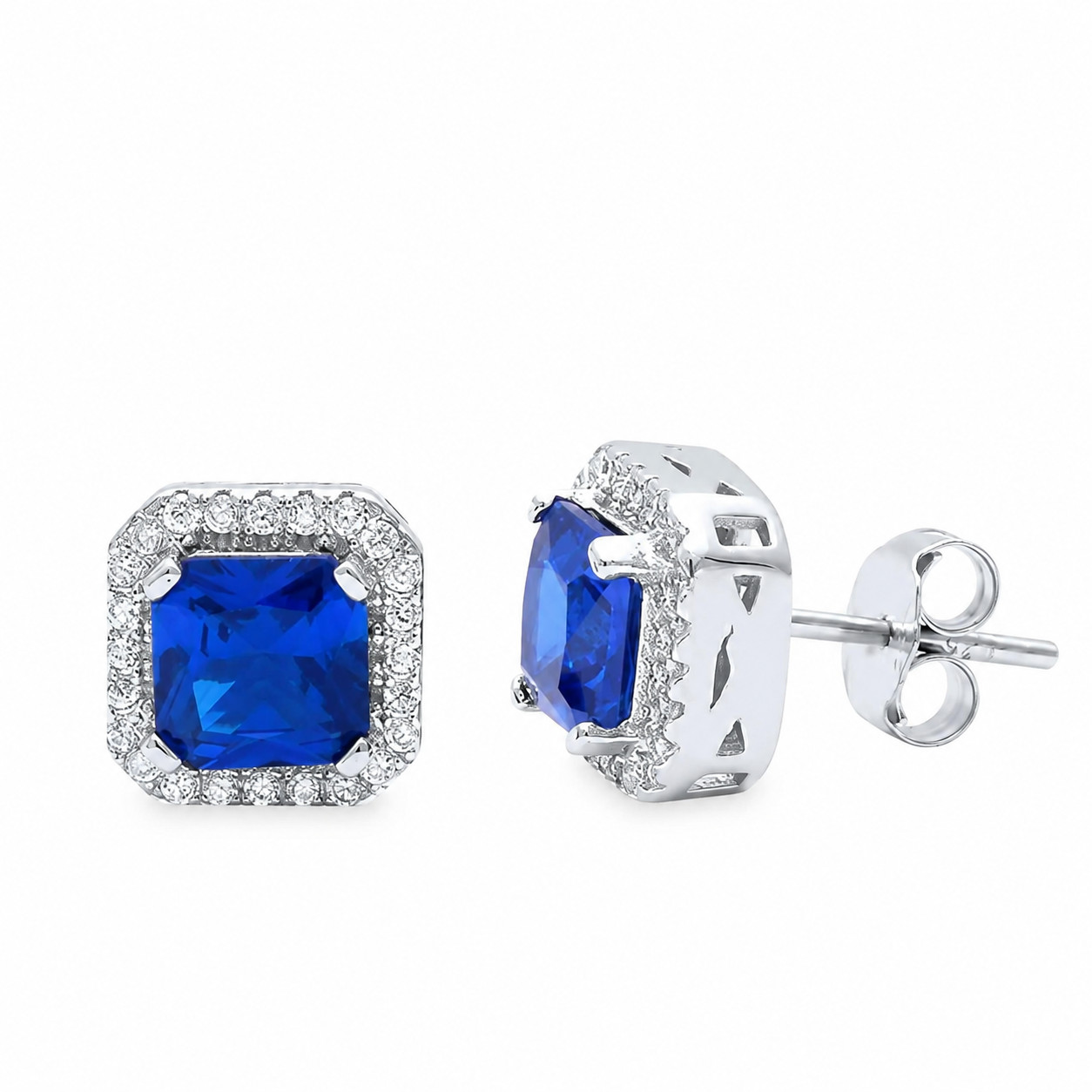 925 Sterling Silver Simulated Asscher Cut Blue Tanzanite/CZ Halo Stud Earrings