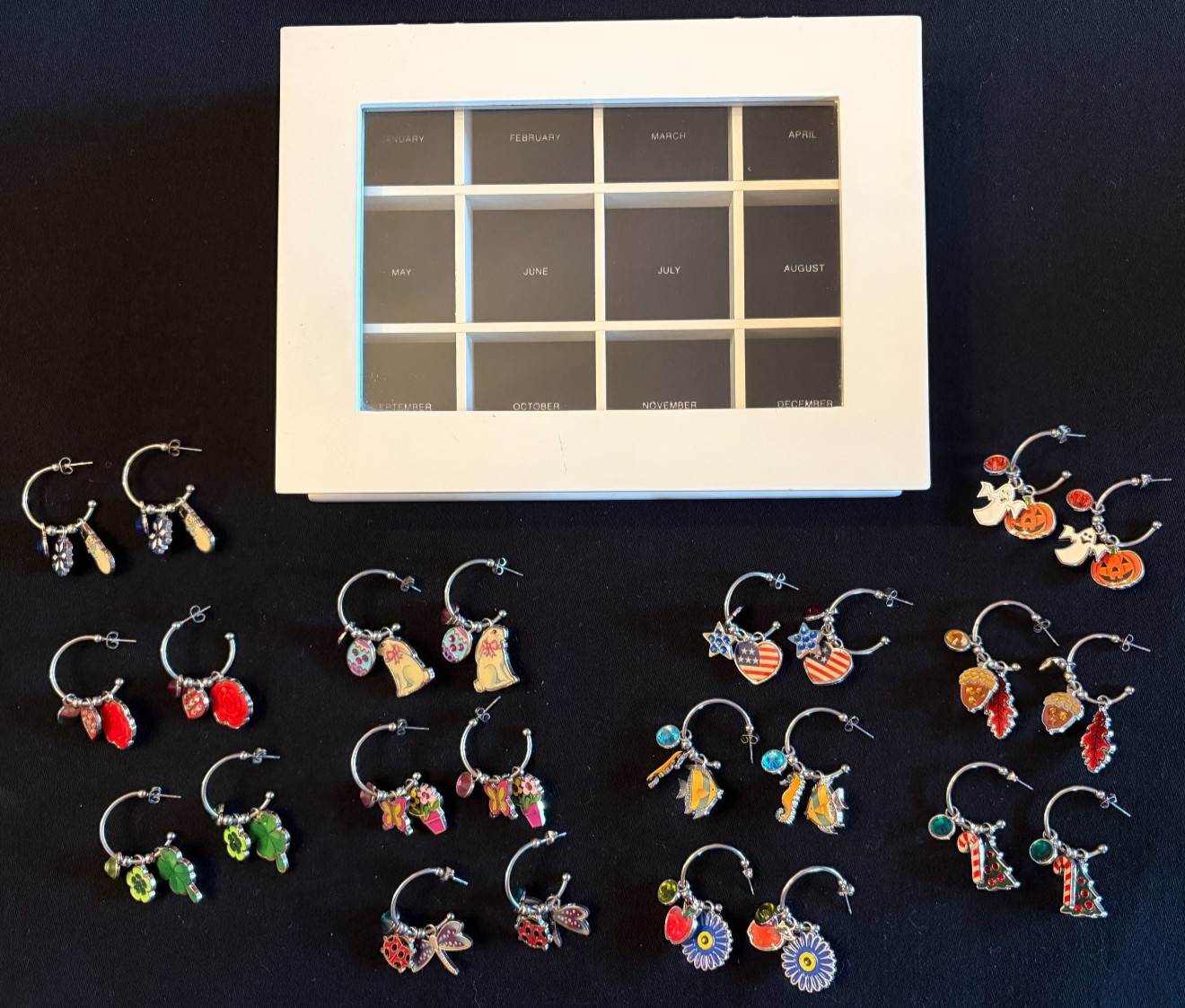 2011 Willabee&Ward 12-Mo Charm Pierced Dangle Hoop Earrings Set in Display Case