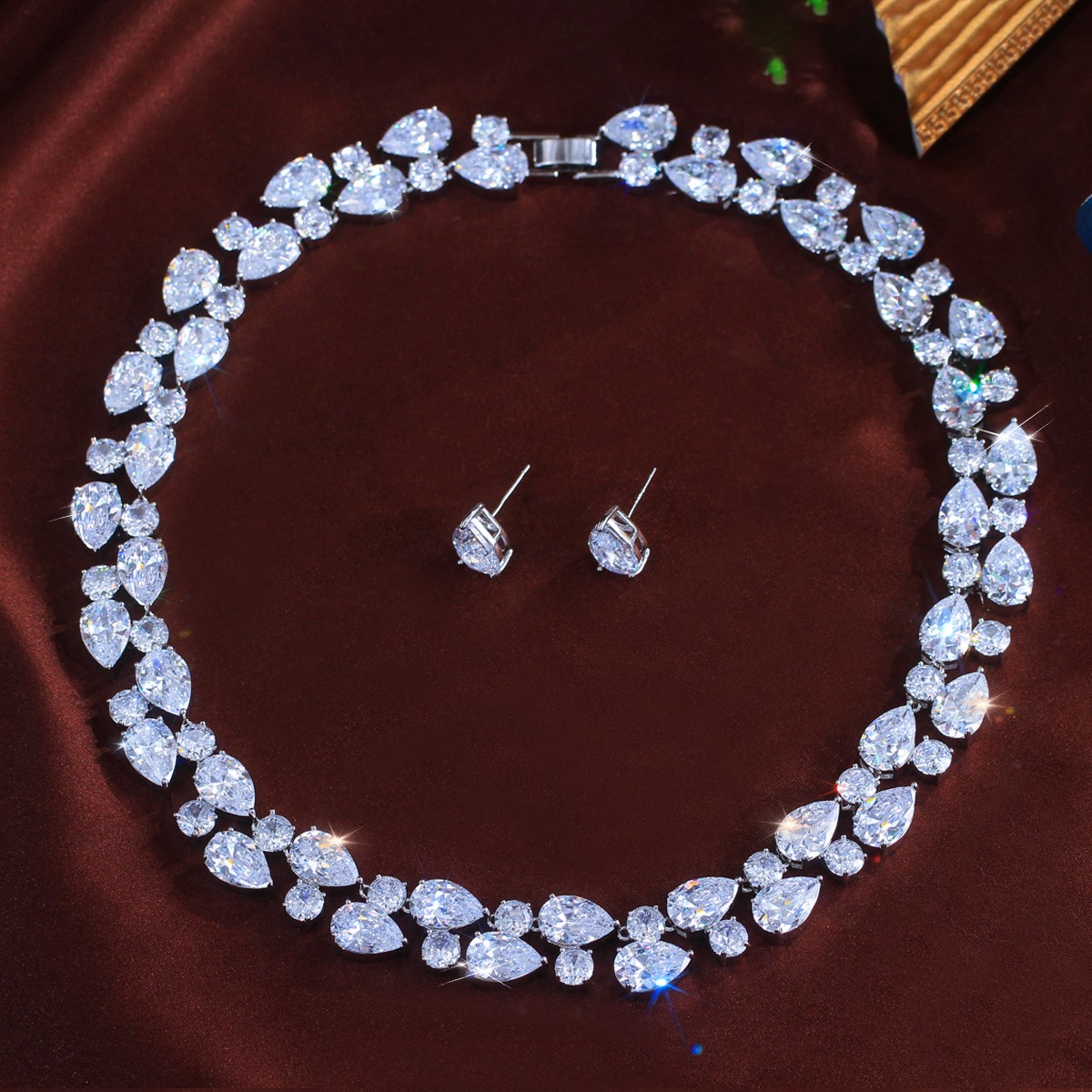 Water Drop Round Zircon Wide Necklace Earrings Silver Plated Wedding Jewelry Set