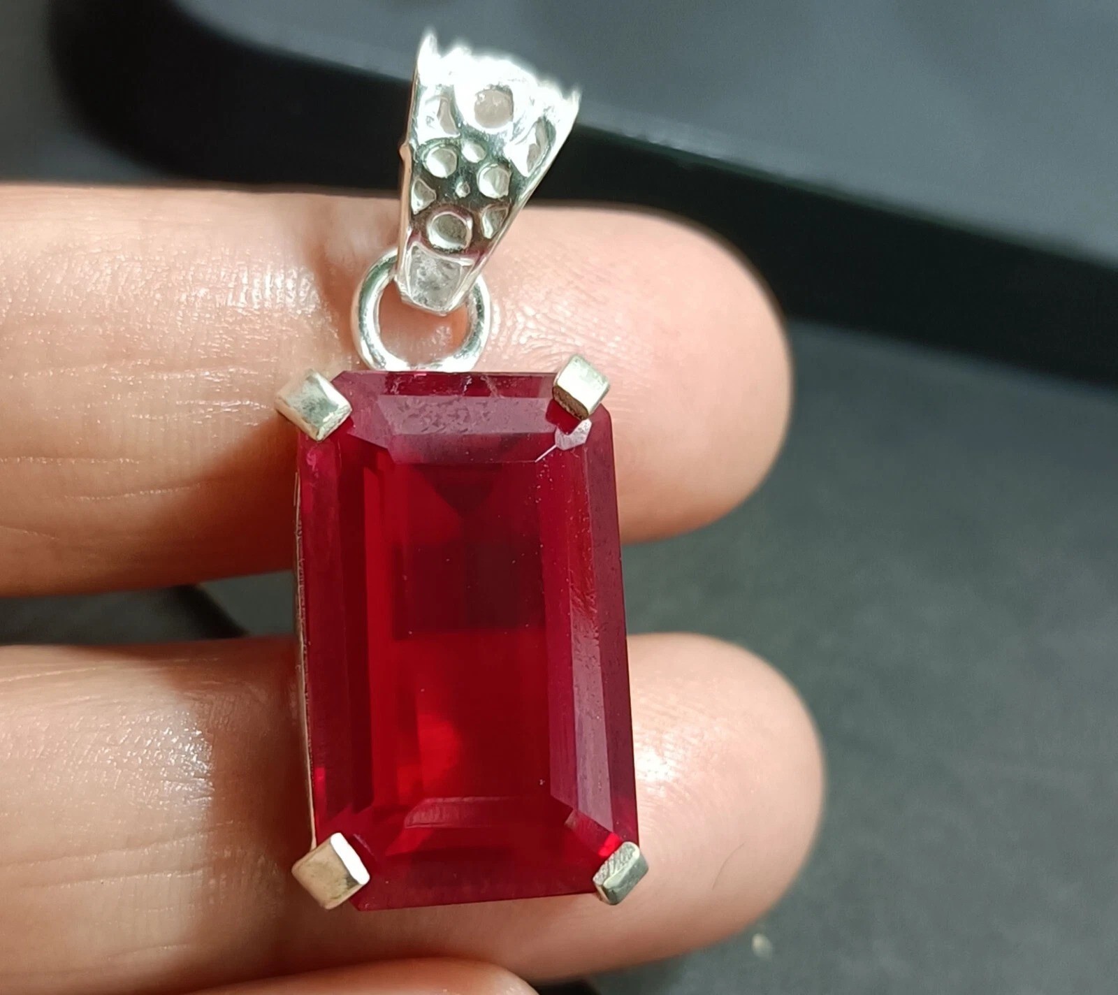 Red Ruby Emerald Cut 30.24 Ct 925 Solid Silver Burma Pendant Natural Gemstone