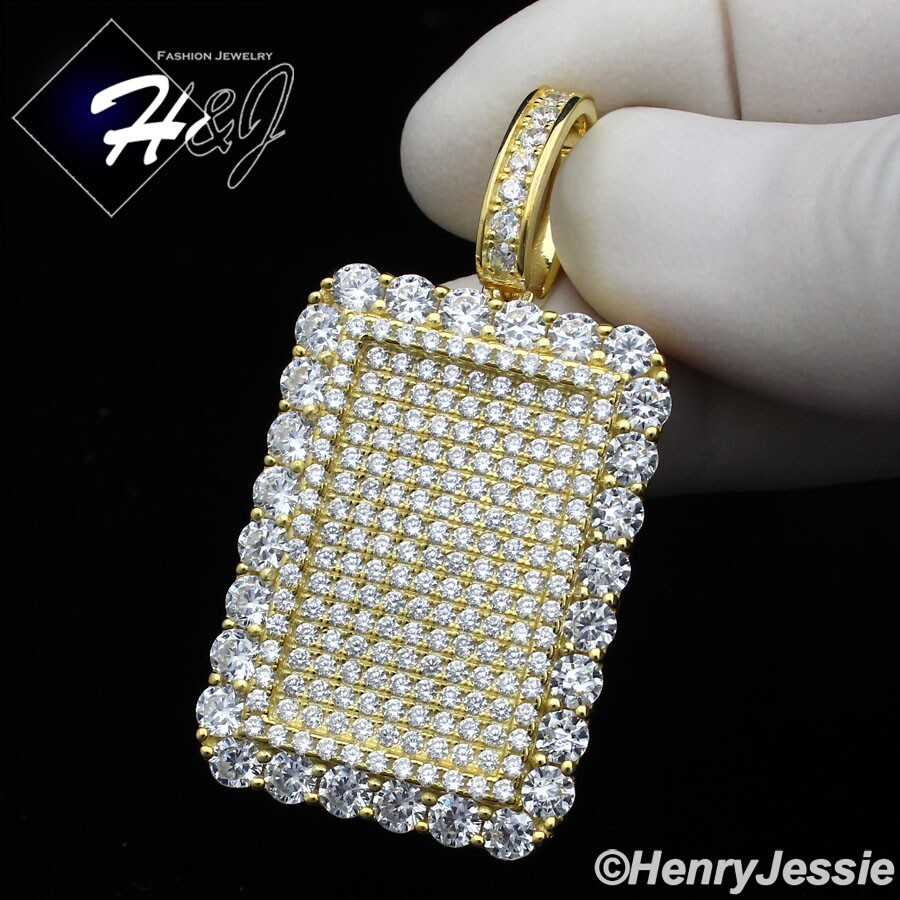 MEN 925 STERLING SILVER ICY BLING CZ GOLD PLATED 3D HIPHOP DOG TAG PENDANT*GP233