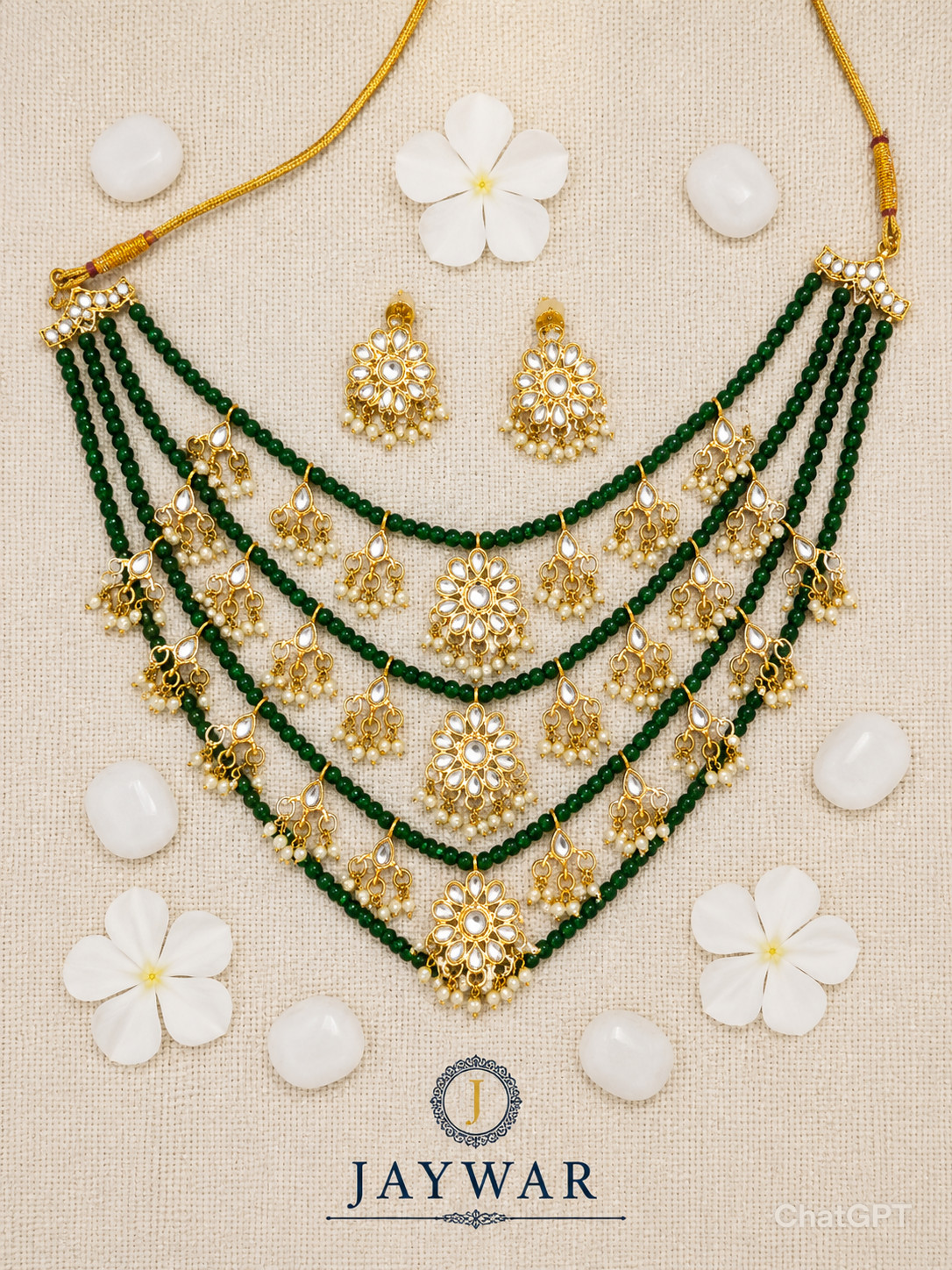 JAYWAR Green Beaded Kundan Necklace Set Pearl Dangle Earrings Women Gold