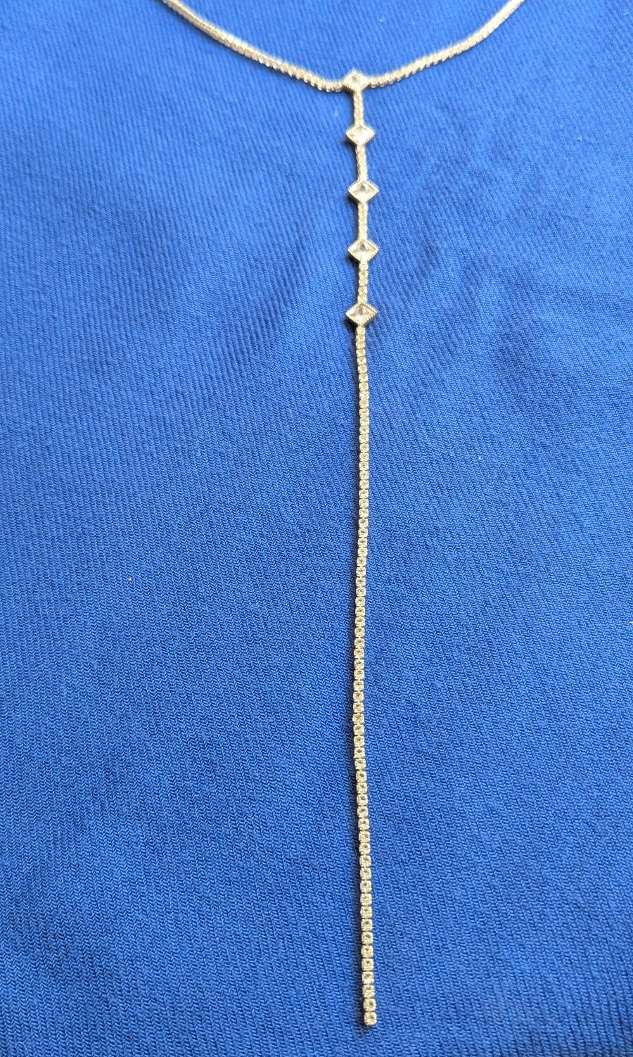 Silver Tone Lariat Y Chain Necklace Clear Crystal Box Chain Adjustable 13″ + 5″