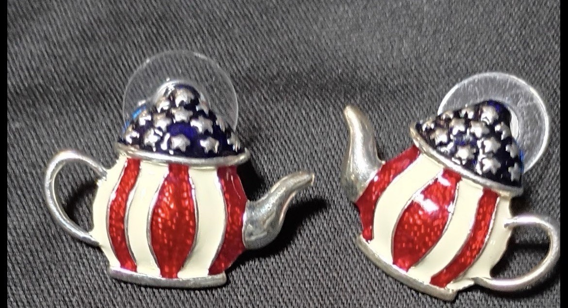 Teapot stud earrings red white blue enamel silver tone nickel free