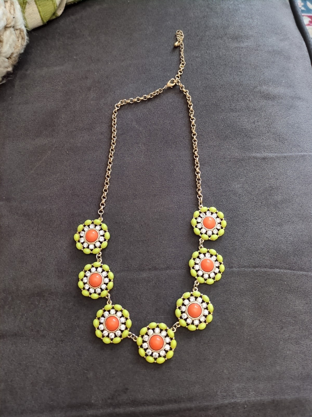 J. Crew Necklace 21″ With Extender, Rosettes Orange, Yellow, White Rhinestones