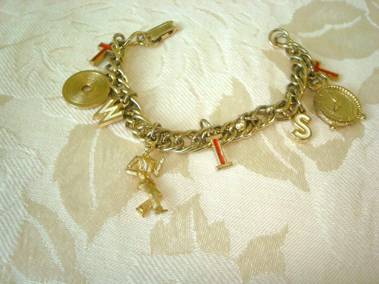 Gold Tone Bracelet Record Clock Dancer Red White TWIST Charms As Found KJ