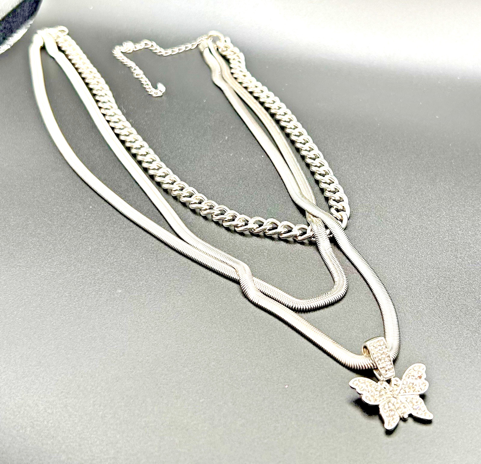 Iced Out Butterfly Pendant Silver Necklace Hip Hop Rhinestone Bling Multi Chain