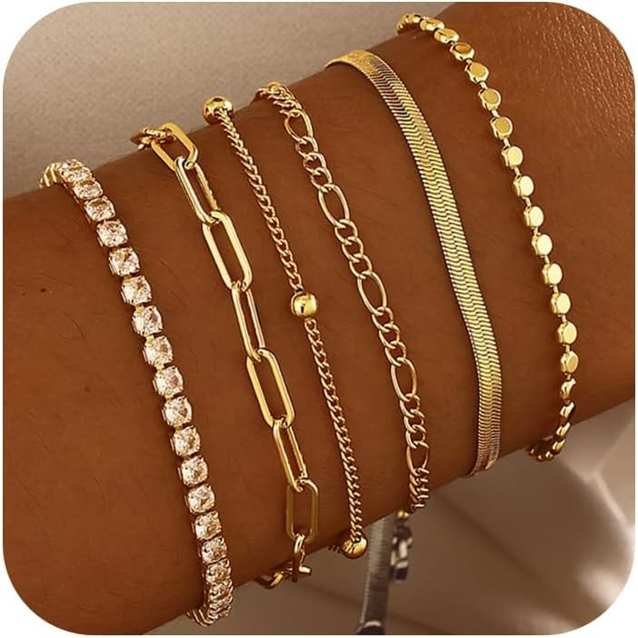 6PCS Waterproof Gold Bracelet Set – 14K Plated Stackable Jewelry for Women