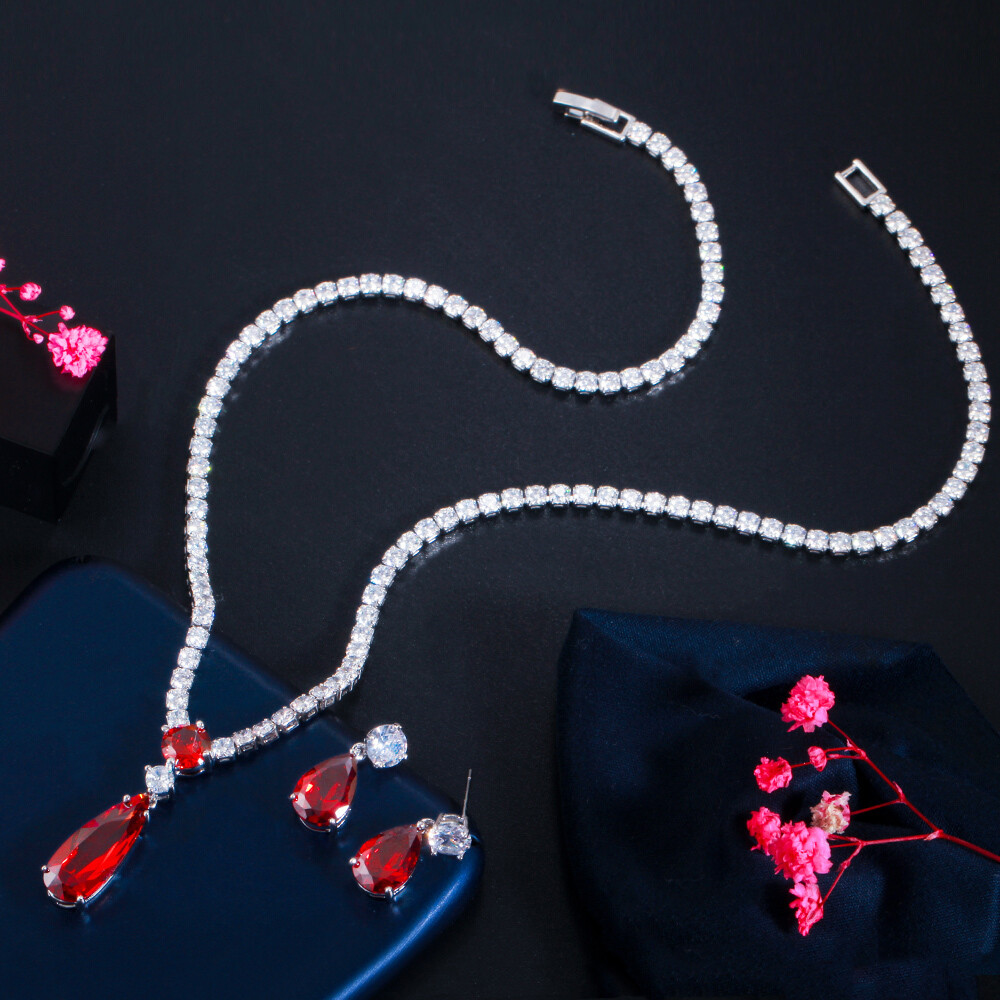 Purple CZ Drop Tennis Pendant Necklace Earrings Fiancee Engagement Jewelry Set
