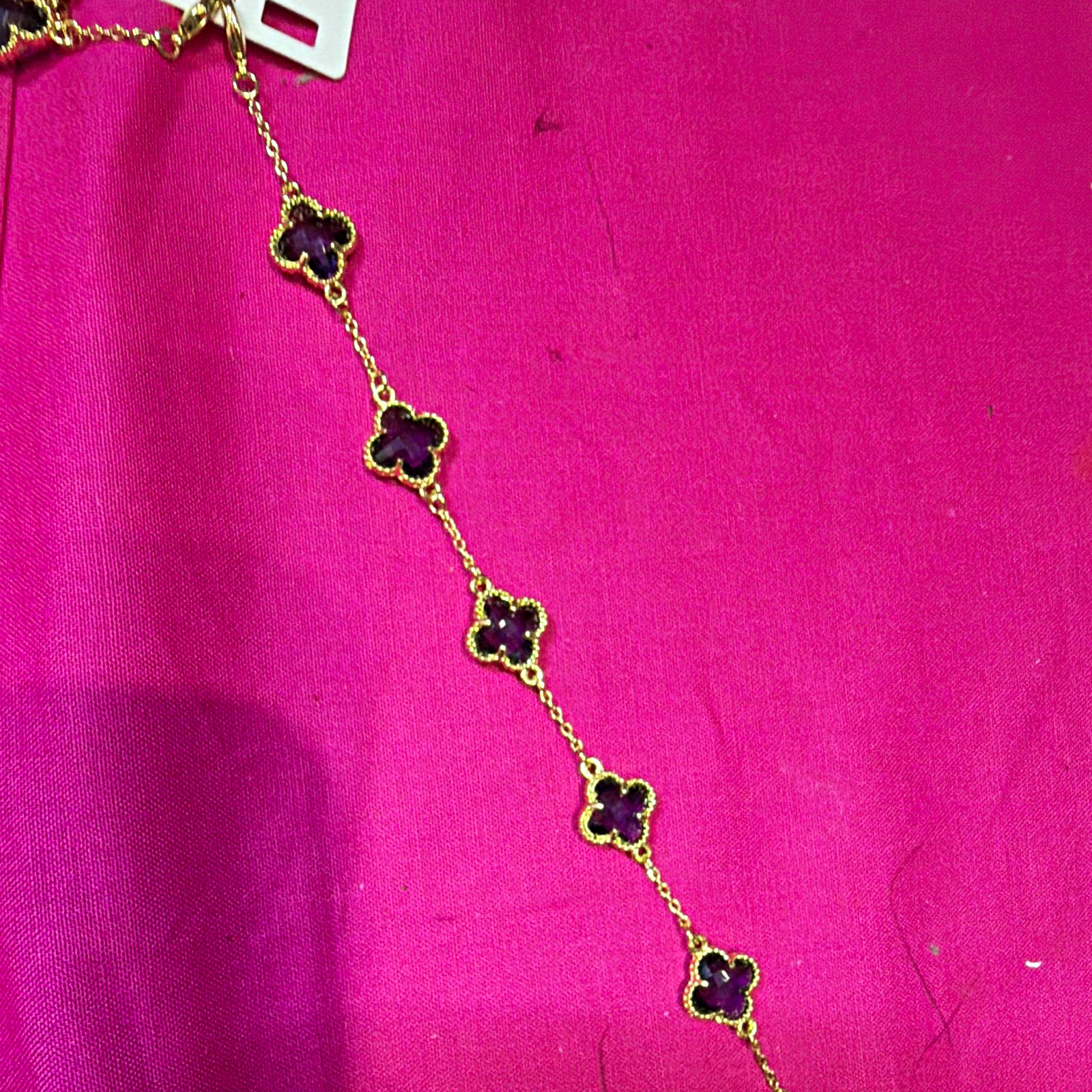 Gold Tone Cable Chain Bracelet Clover Station with Purple Stones