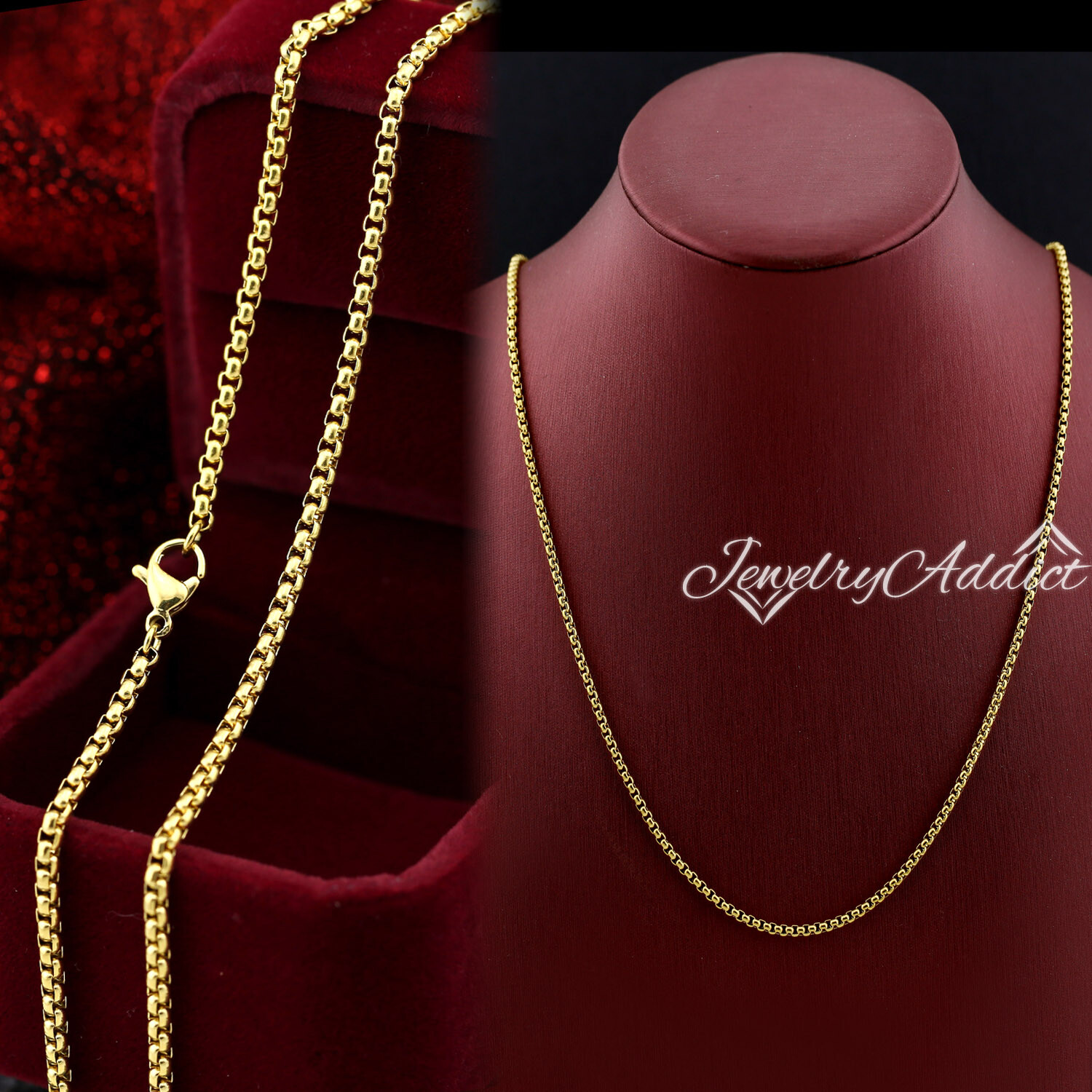 24K GOLD FILLED 2MM BOX CHAIN 60CM for PENDANT MENS WOMENS SOLID NECKLACE 24INCH