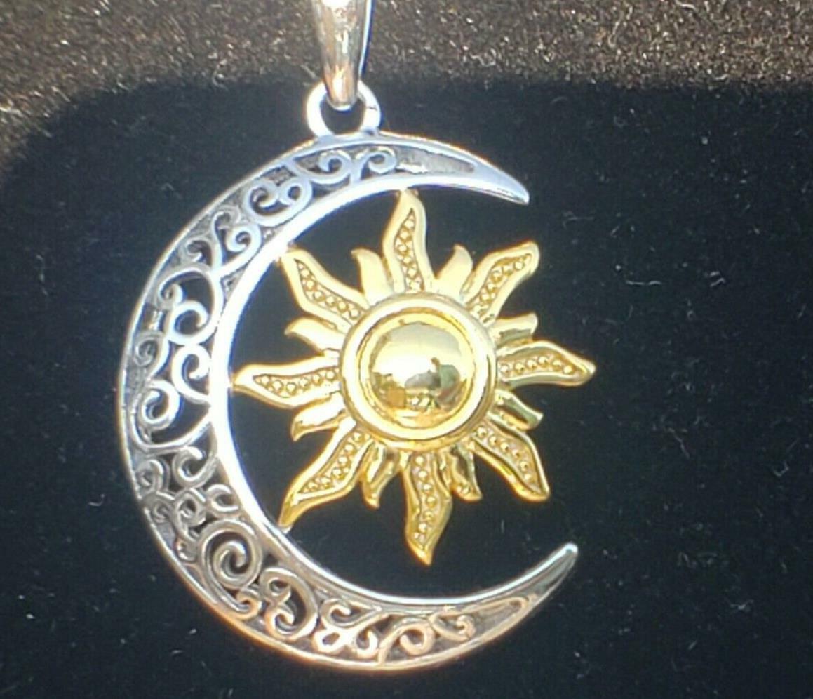 large SUN SUMMER CRESCENT MOON pendant 22″ Sterling plated Silver 925 necklace