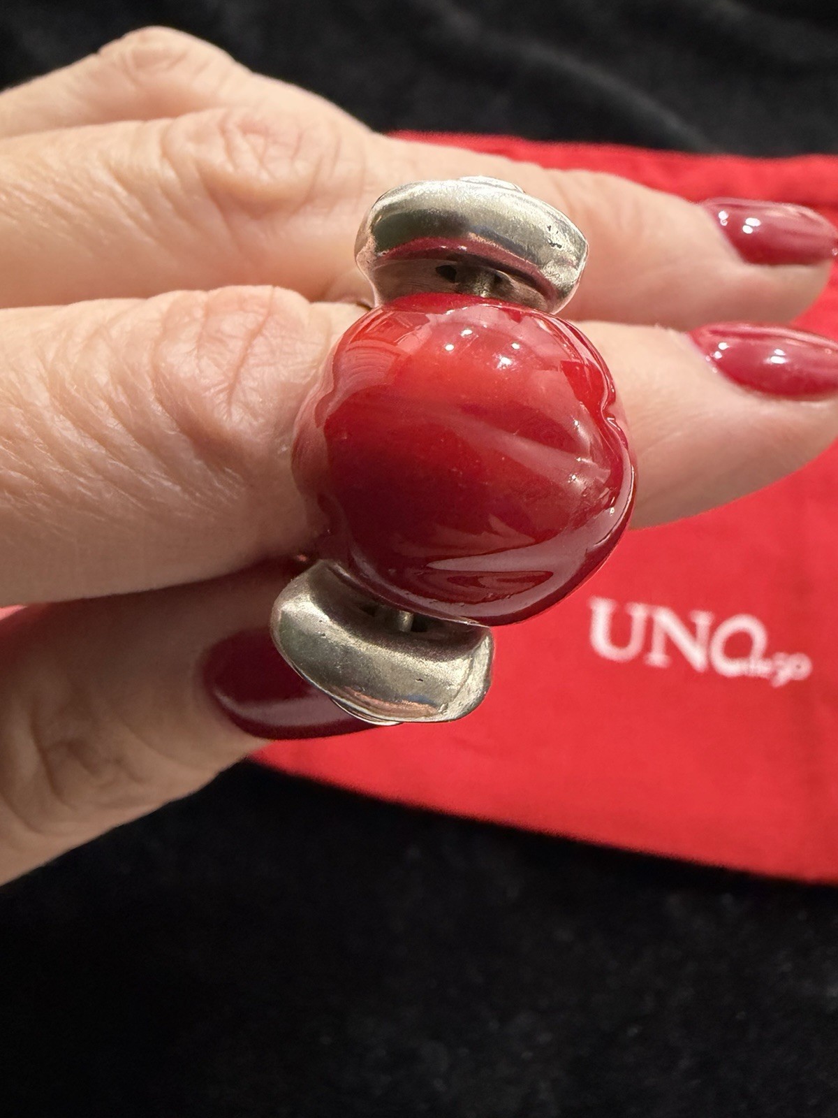 UNOde50 Red Statement Ring Silver Tone Sculptural Bead Ring size 7 with Pouch