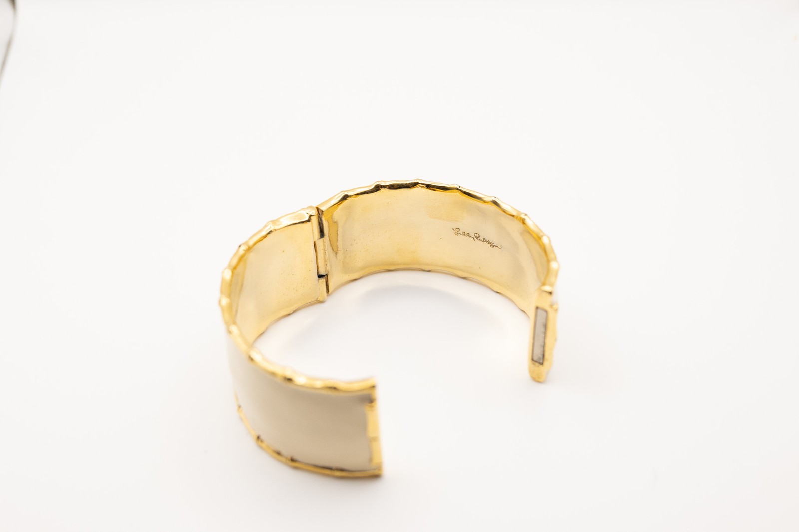 Lilly Pulitzer Bangle Hinge Bracelet Enamel Cream Bamboo Signed FREE Sh Vintage