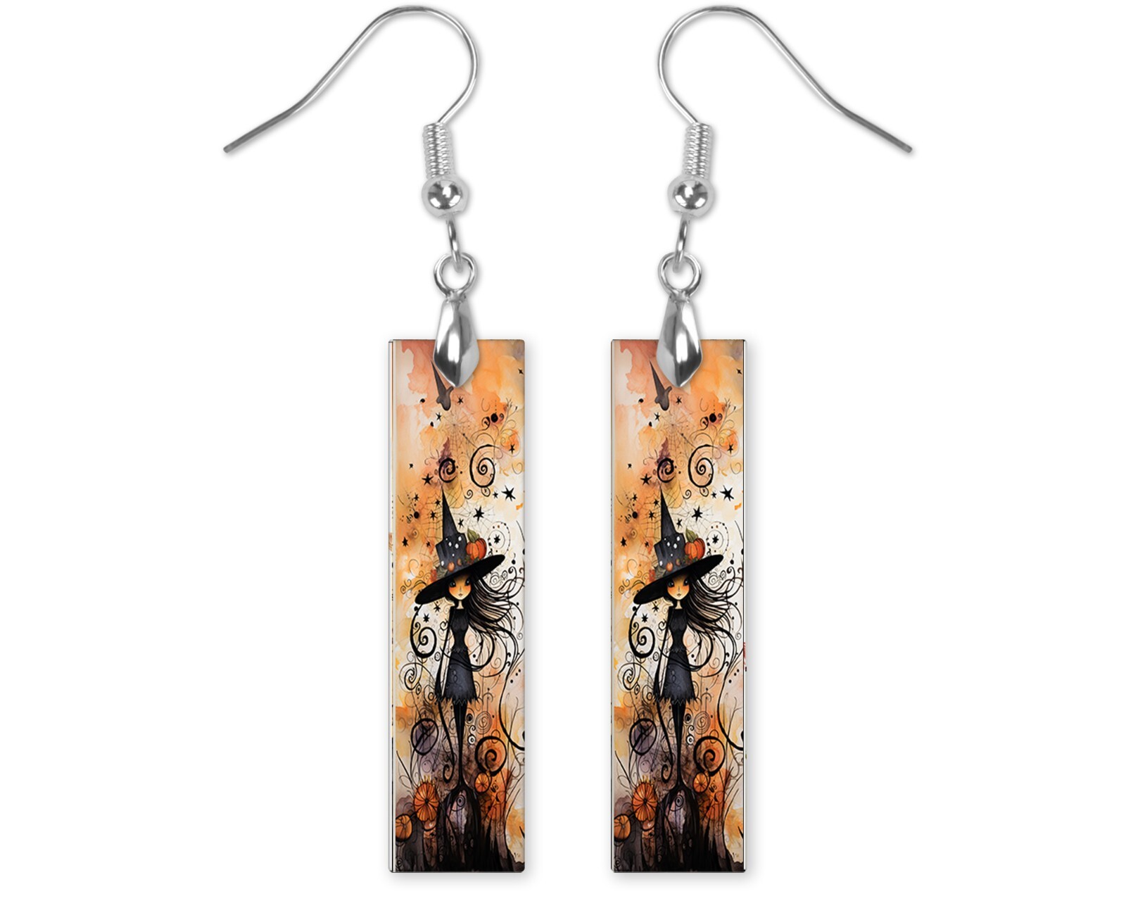 Earrings, Halloween Witch Girl Wood Bar Printed Earrings Jewelry
