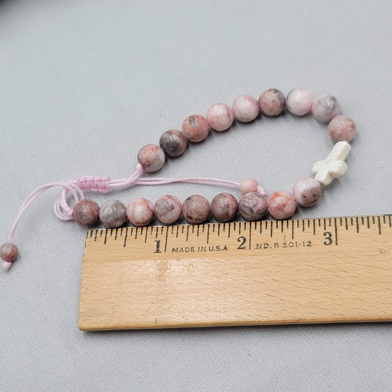 Pink & Gray Agate Bead White Stone Cross Bracelet Elastic Side Adj Pink Cord