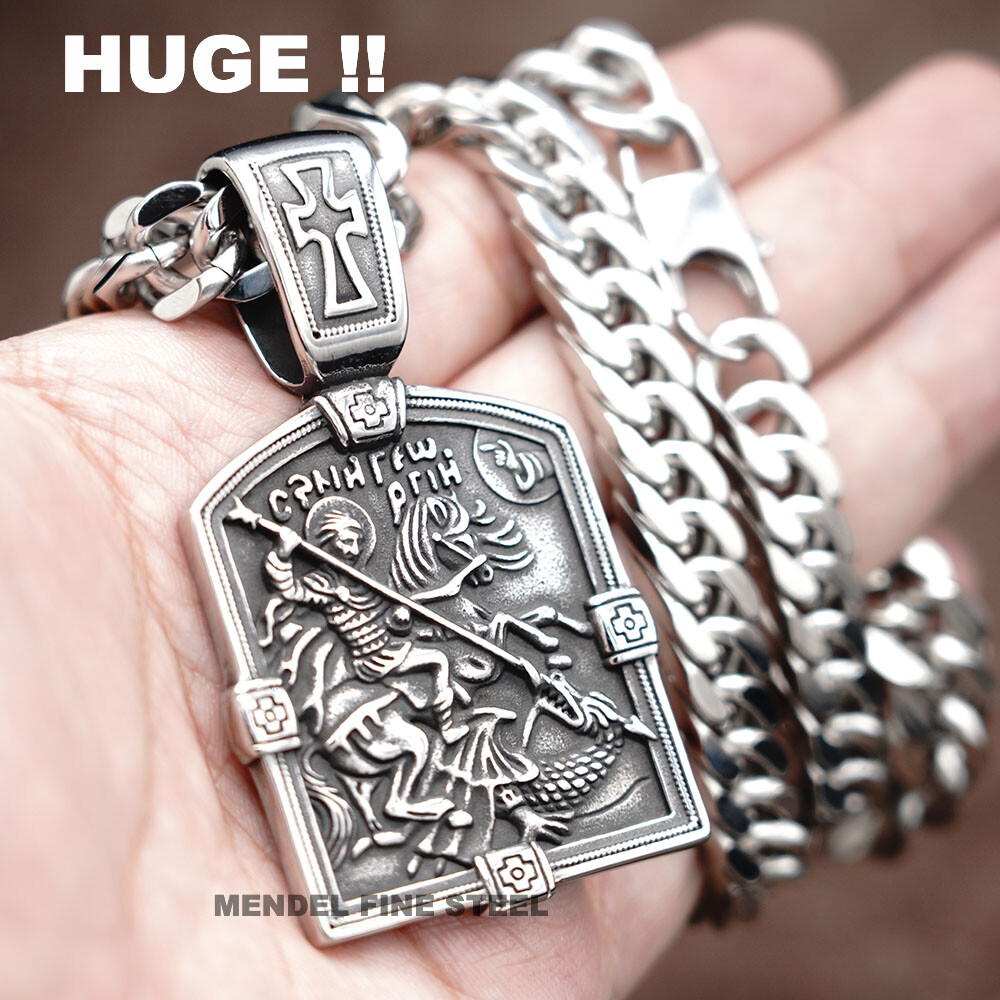 MENDEL Huge Big Hip Hop Cuban Link St George Dragon Cross Pendant Necklace Chain