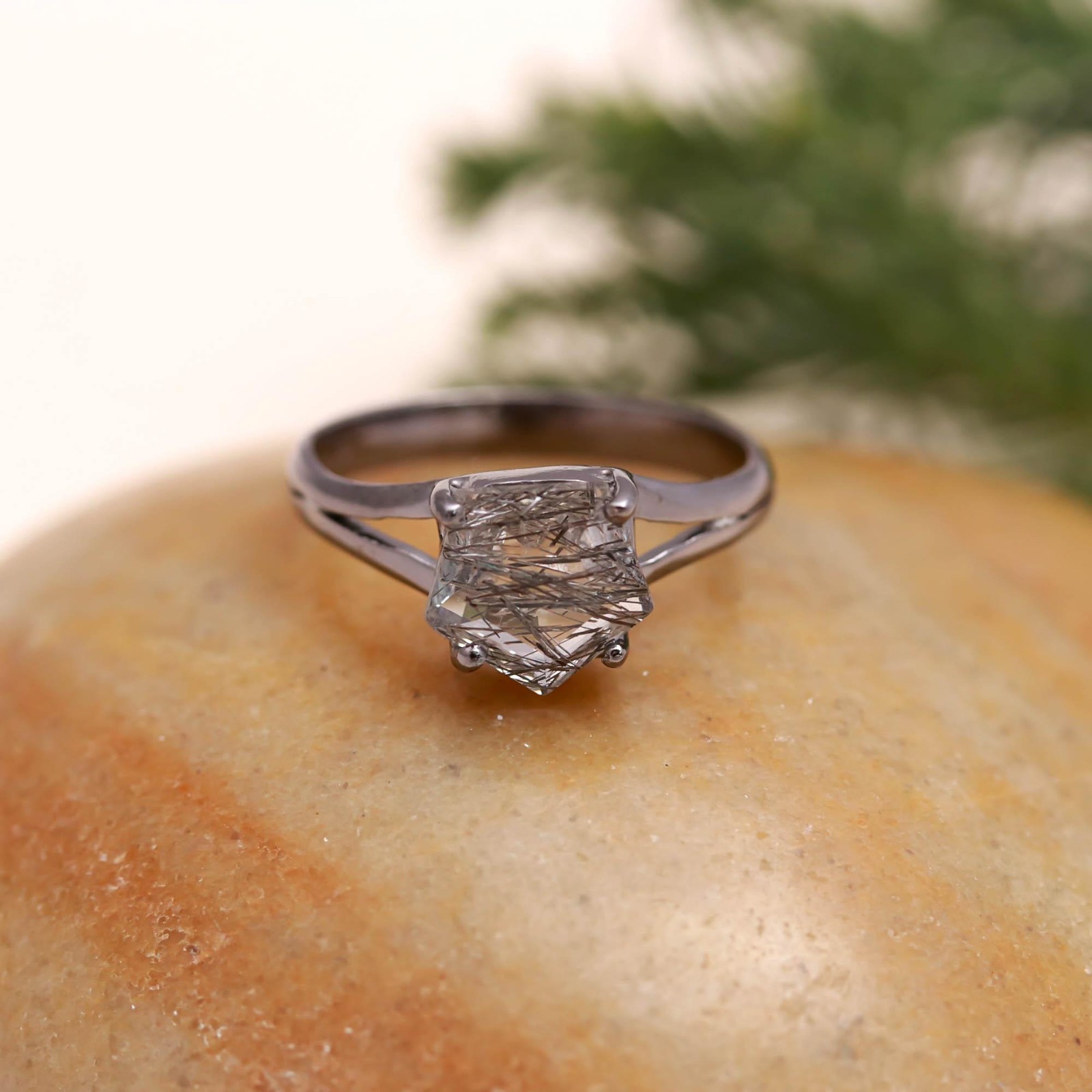 Natural Black Rutile Pentagon Ring Black Oxidized 925 Sterling Silver Jewelry