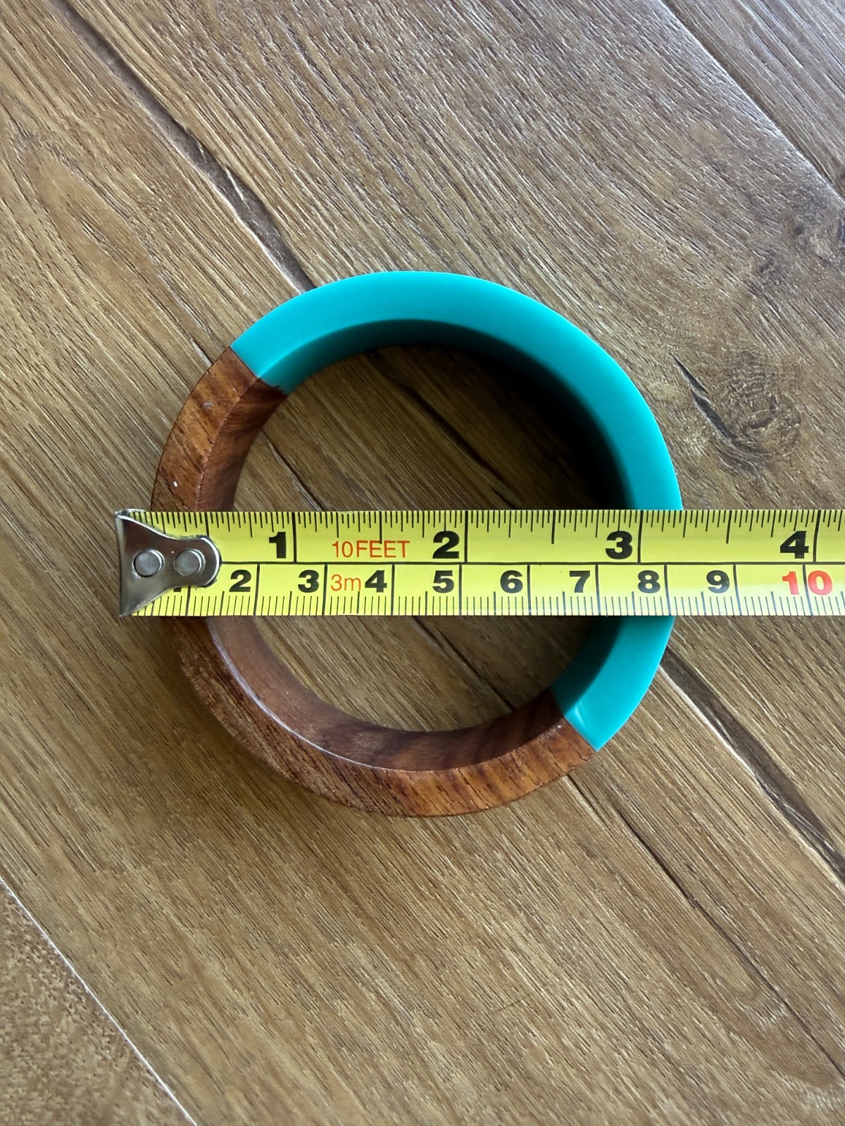 Wood and Teal Resin Bangle Bracelet Very Good Condition