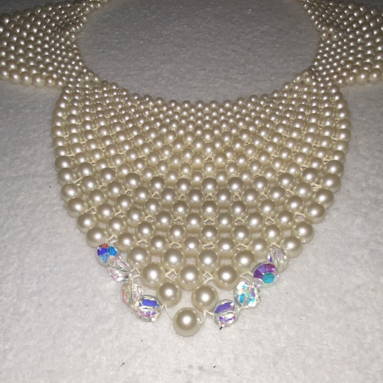 Vintage Ivory Faux Pearl & Crystal Beaded Bib Necklace, Gold Tone Lock Clasp