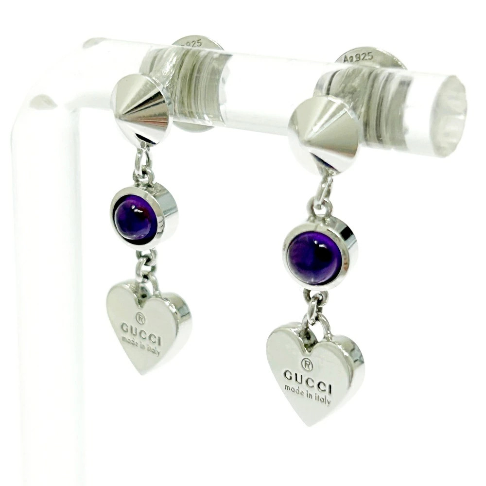 GUCCI Silver Heart Amethyst Earrings 4.7g 925 Women’s Accessories 2.5cm x 0.8cm