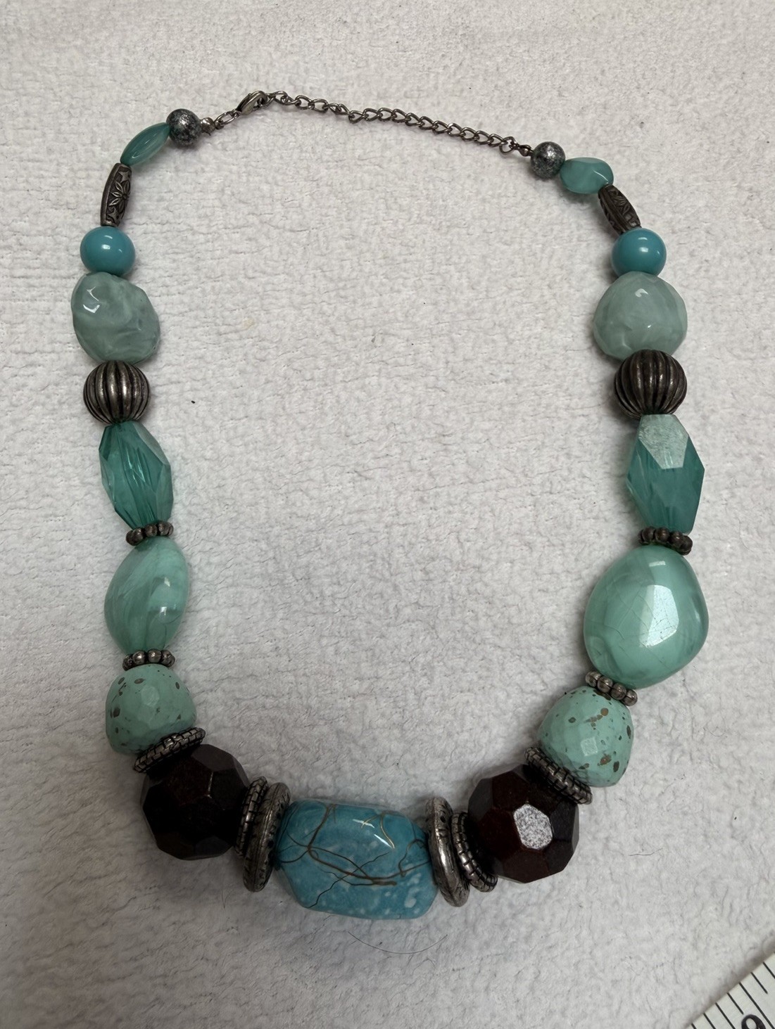 Blue Green Multicolor Beaded Necklace, Cable Chain Adjustable Lobster Clasp