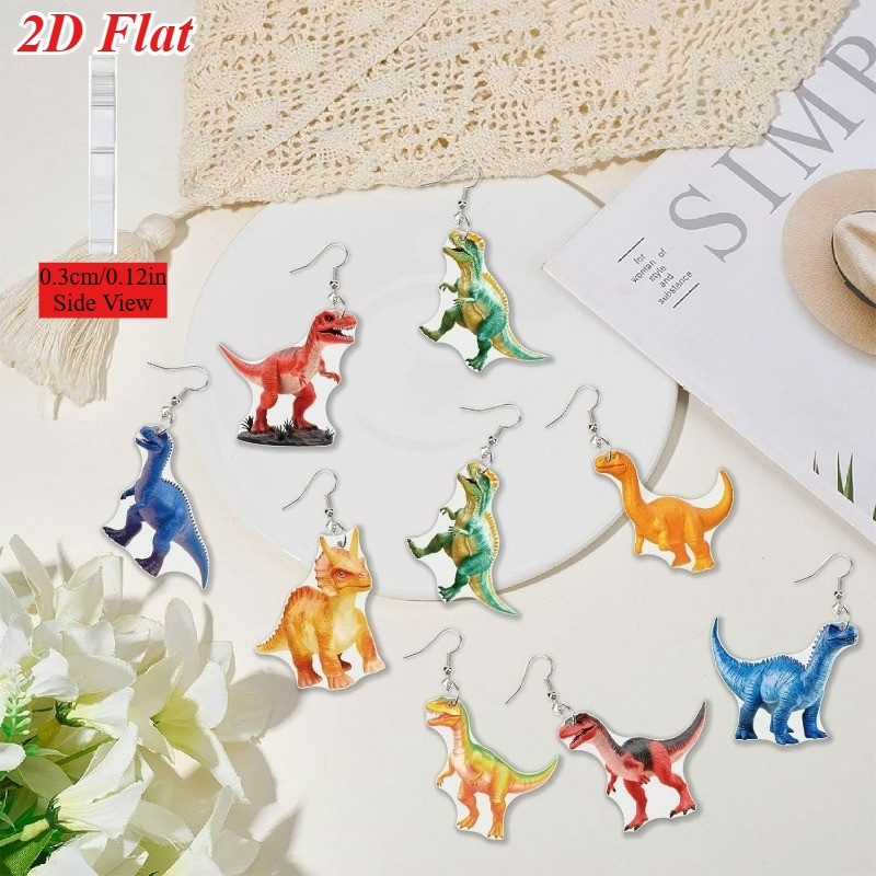 8 Pairs of Colorful Dinosaur Acrylic Pendant Earrings, Animal Earrings
