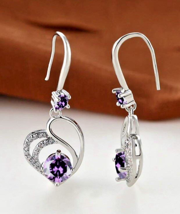 Beautiful Heart Hook Purple Earrings Made With Swarovski Crystal