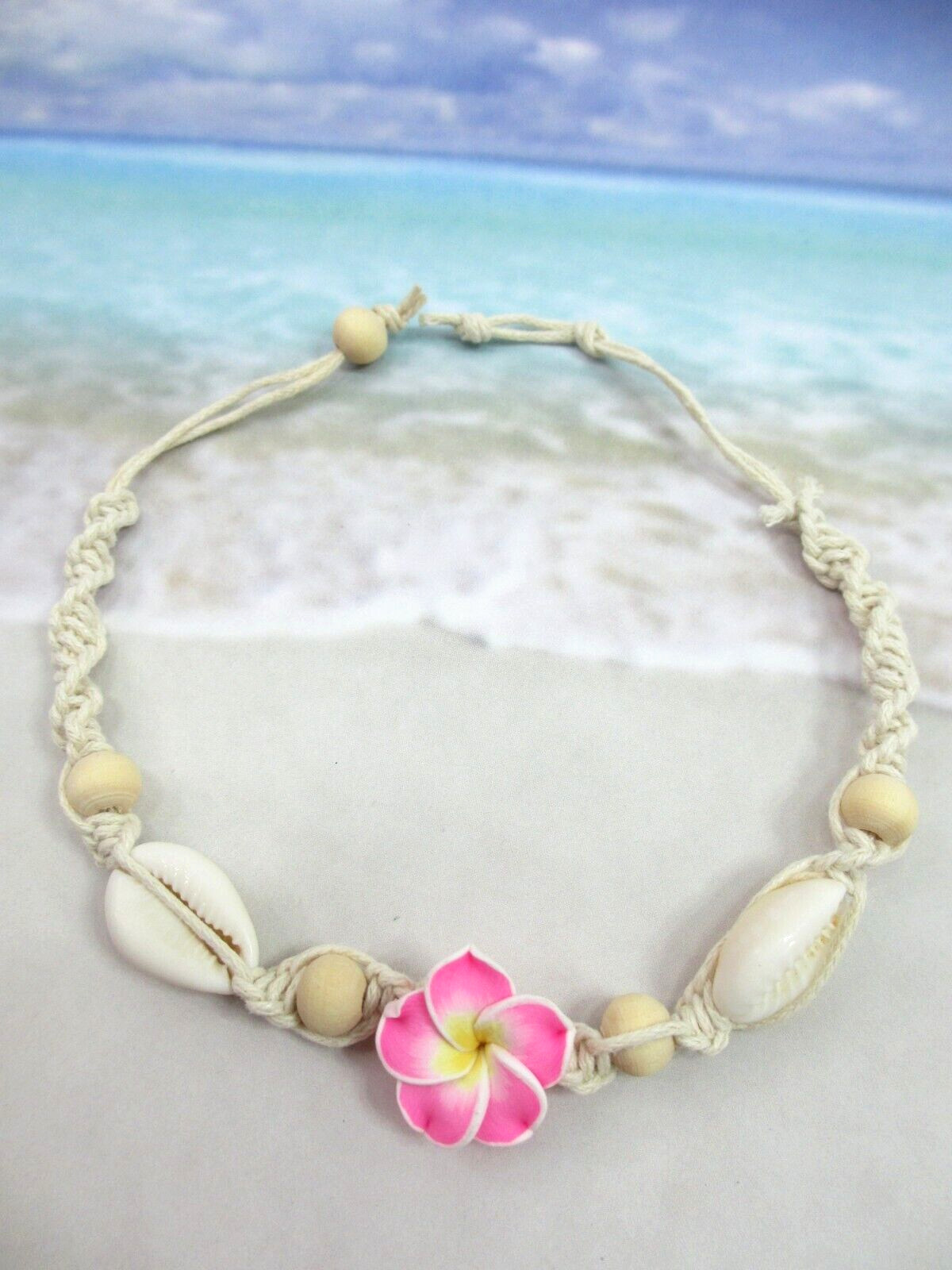 Hibiscus Anklet Seashell Ankle Bracelet Macrame Pink Beach Flower Hawaiian Surf